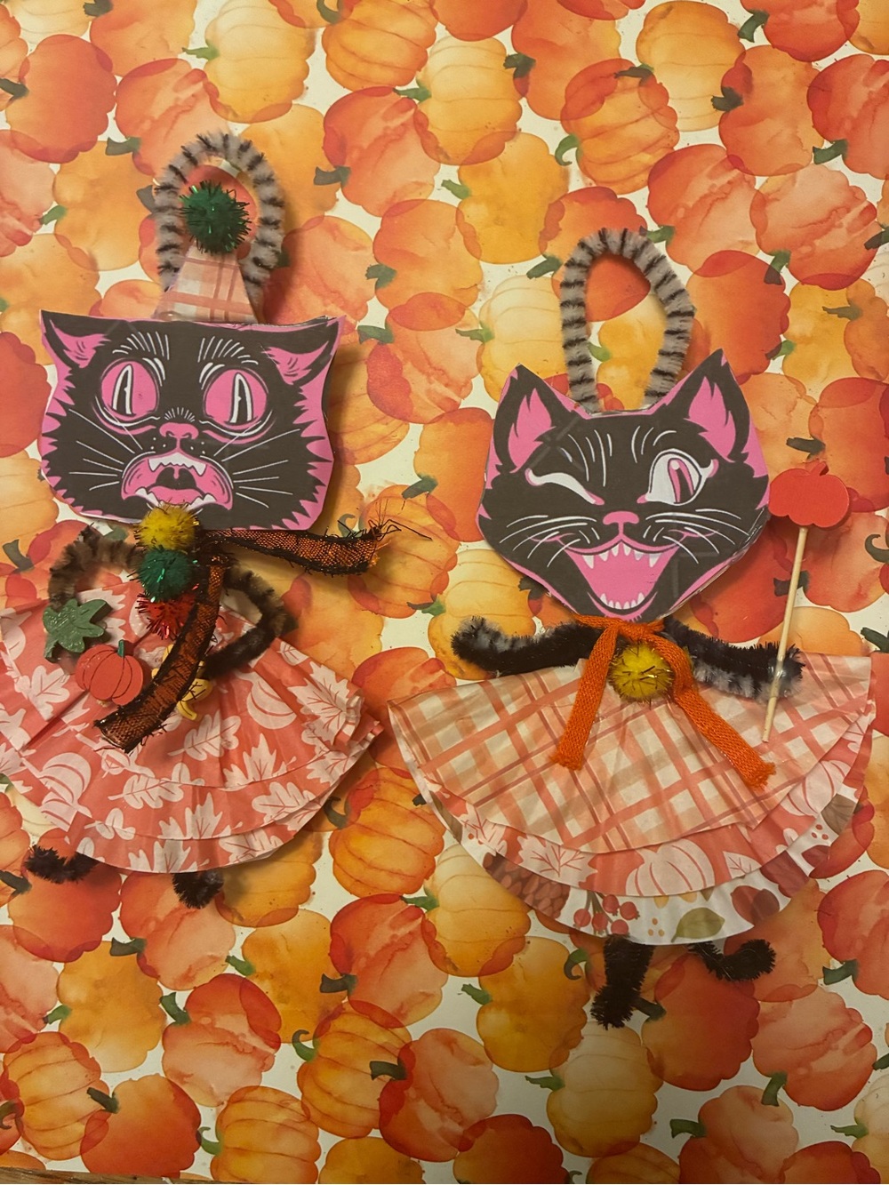 Set of (2) Handmade Haloween Cat Paper Ornaments